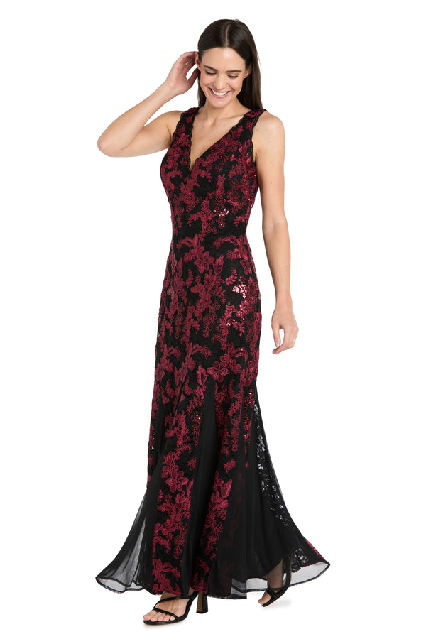 r&m richards Embroidered Brocade V-Neck Gown with Chiffon Inserts & Lace Trim - Petite