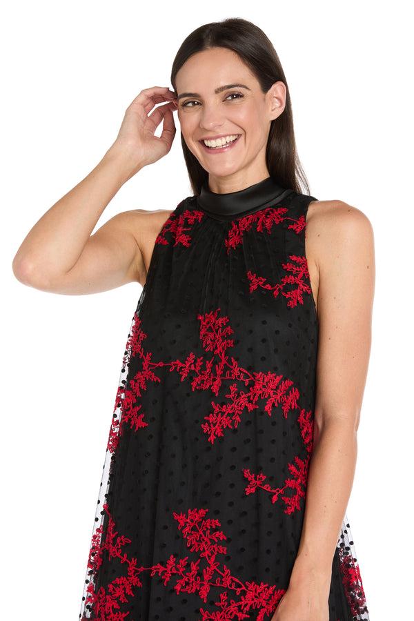 R&m Richards Embroidered Flocked Tulle Swing Dress With Satin Collar - Petite