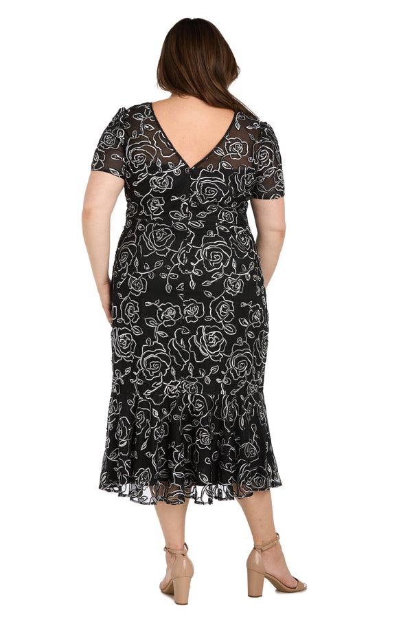 R&m Richards Embroidered Floral Midi Dress With Flared Skirt And Short Sleeves - Plus