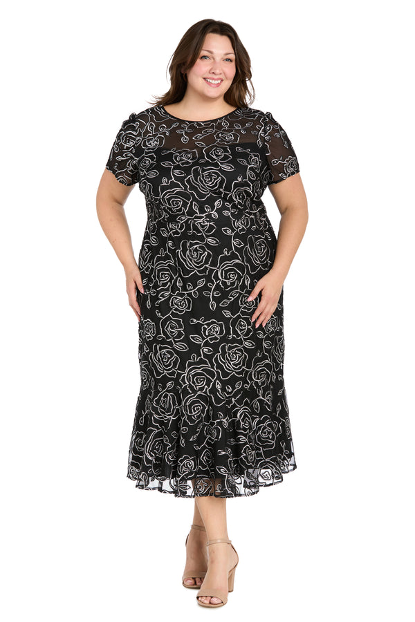 r&m richards Embroidered Floral Midi Dress with Flared Skirt and Short Sleeves - Plus