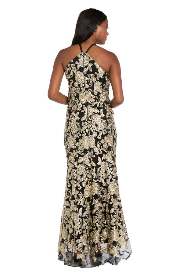 R&m Richards Embroidered Halter Gown With Sheer Hem Detail