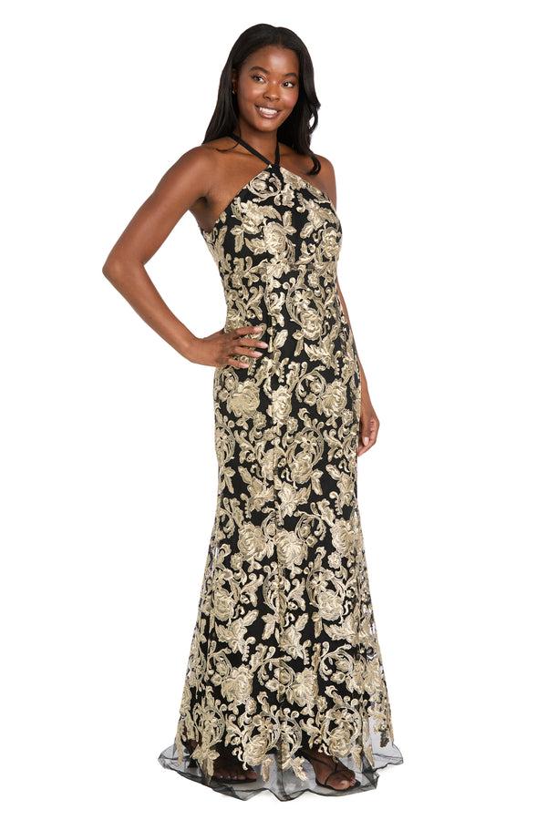 R&m Richards Embroidered Halter Gown With Sheer Hem Detail