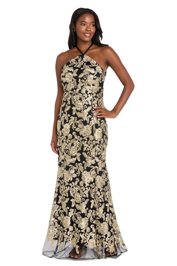 r&m richards Embroidered Halter Gown with Sheer Hem Detail