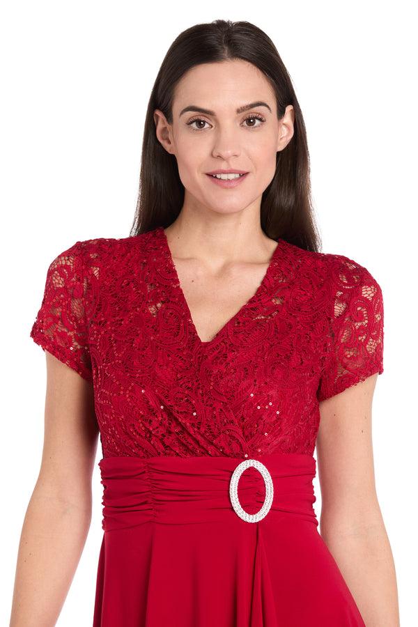 R&m Richards Faux Wrap Dress With Waist Embellishment And Lace Top
