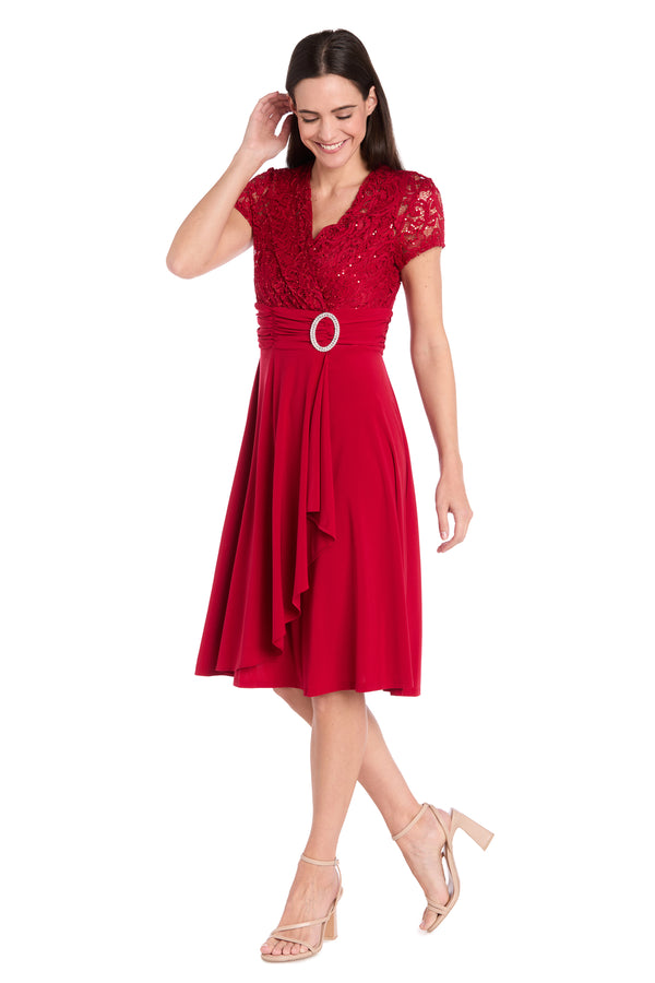 R&m Richards Faux Wrap Dress With Waist Embellishment And Lace Top