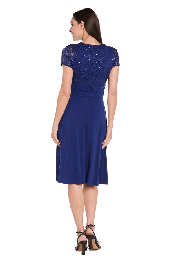 R&m Richards Faux Wrap Dress With Waist Embellishment And Lace Top - Petite