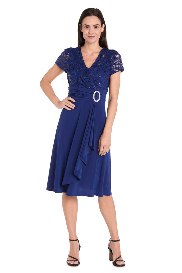 R&m Richards Faux Wrap Dress With Waist Embellishment And Lace Top - Petite