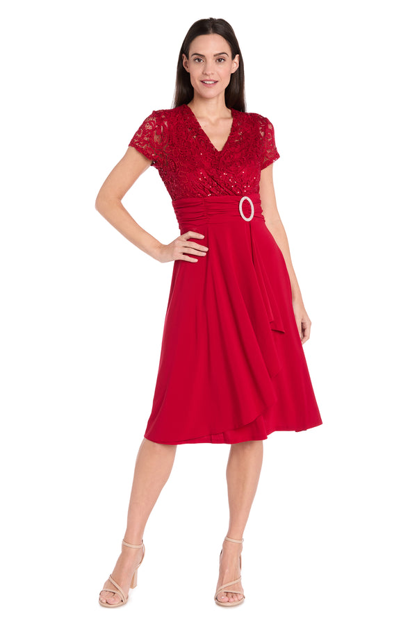 r&m richards Faux Wrap Dress with Waist Embellishment and Lace Top