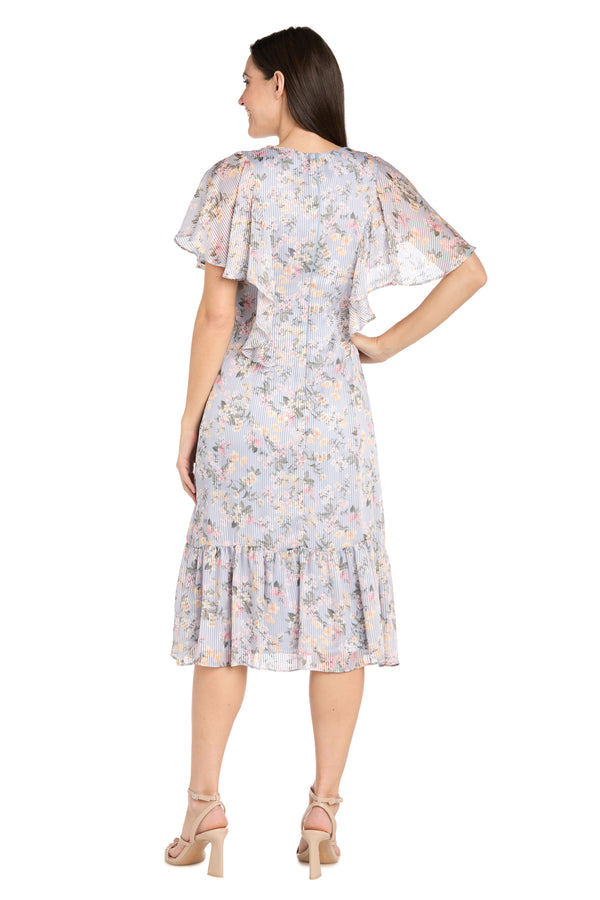 R&m Richards Floral Chiffon Midi Dress With Ruffled Sweetheart Neckline And Hem