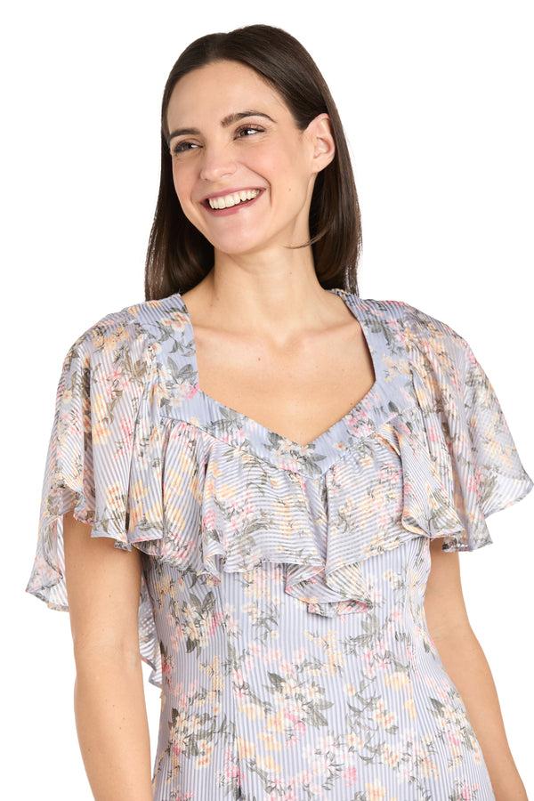 R&m Richards Floral Chiffon Midi Dress With Ruffled Sweetheart Neckline And Hem