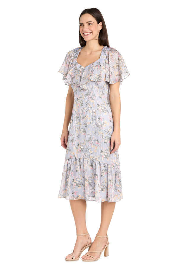 R&m Richards Floral Chiffon Midi Dress With Ruffled Sweetheart Neckline And Hem