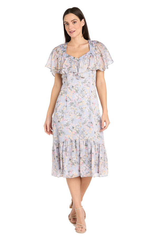 r&m richards Floral Chiffon Midi Dress with Ruffled Sweetheart Neckline and Hem