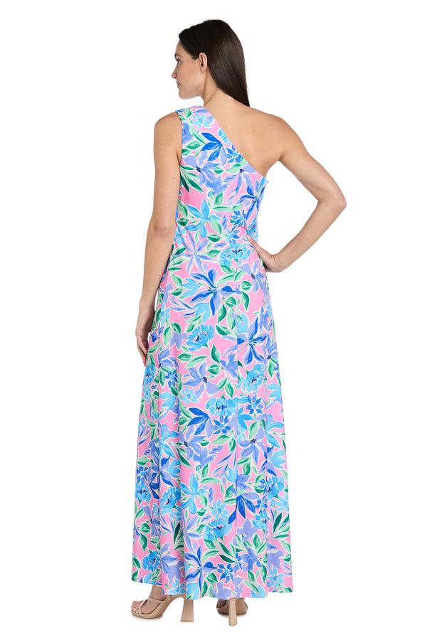 R&m Richards Floral One-Shoulder Dress With Gold Pendant And Side Slit