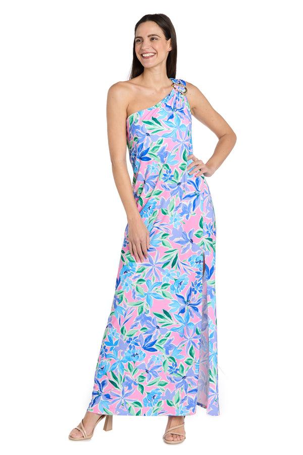 R&m Richards Floral One-Shoulder Dress With Gold Pendant And Side Slit
