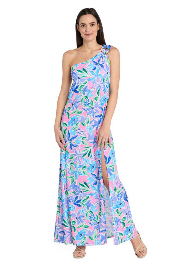 r&m richards Floral One-Shoulder Dress with Gold Pendant and Side Slit