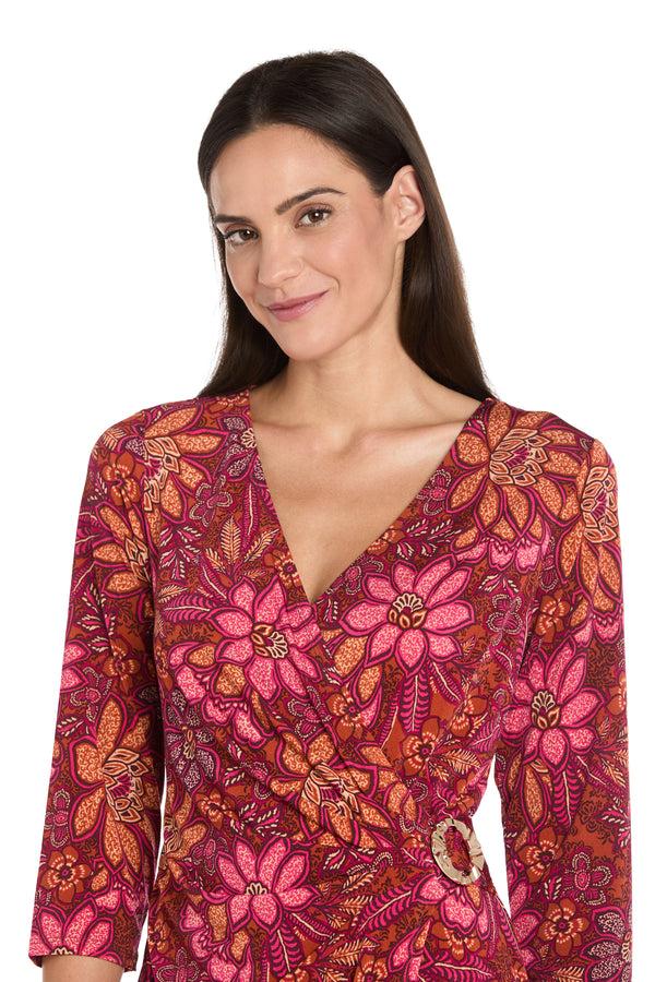 R&m Richards Floral Print Faux Wrap Dress With Gold Buckle
