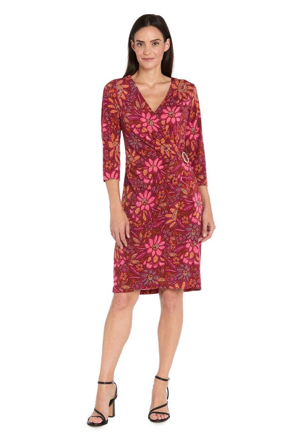 R&m Richards Floral Print Faux Wrap Dress With Gold Buckle