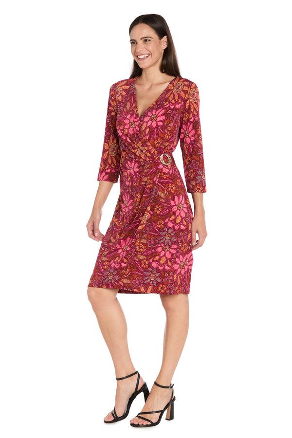 r&m richards Floral Print Faux Wrap Dress with Gold Buckle