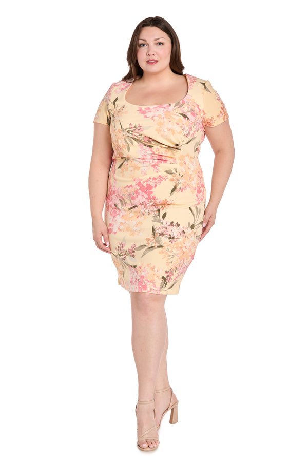 r&m richards Floral Print Spring Short Dress with Pleated Sides - Plus