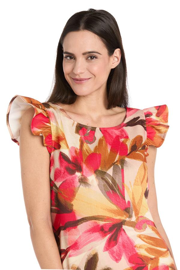 R&m Richards Floral Ruffle-Sleeve Linen Dress - Petite