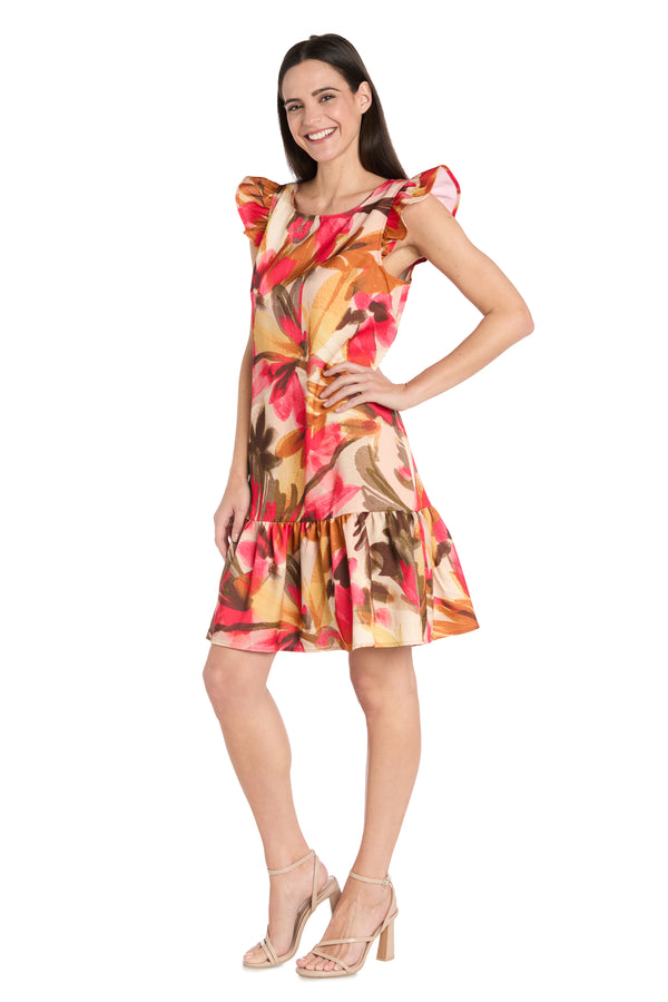R&m Richards Floral Ruffle-Sleeve Linen Dress - Petite