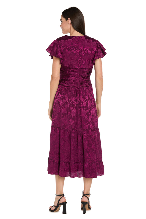 R&m Richards Floral Sangria Jacquard Dress With Flutter Sleeve - Petite