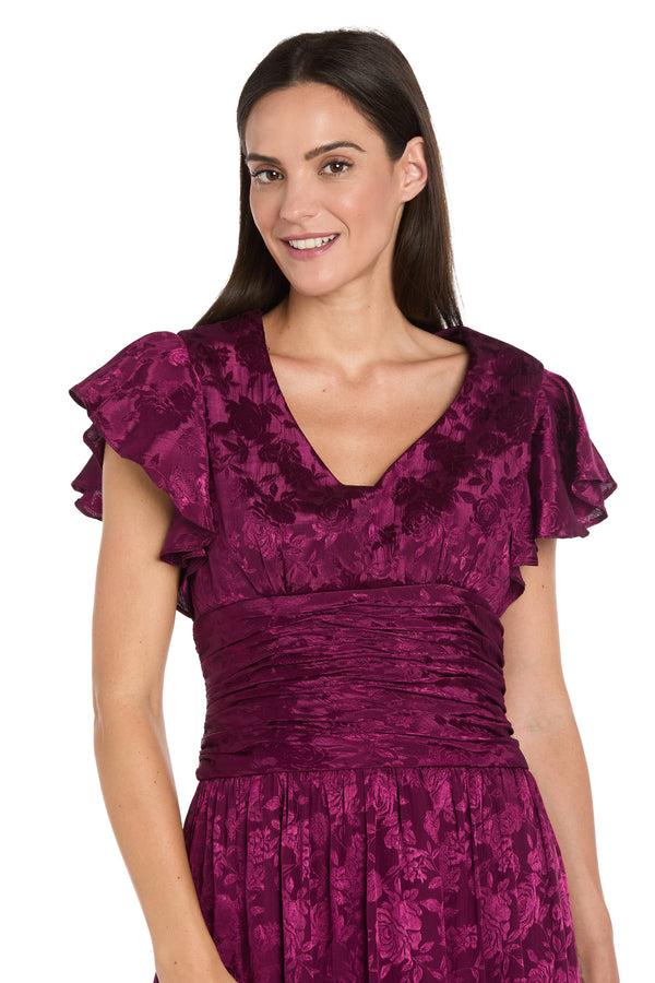 R&m Richards Floral Sangria Jacquard Dress With Flutter Sleeve - Petite