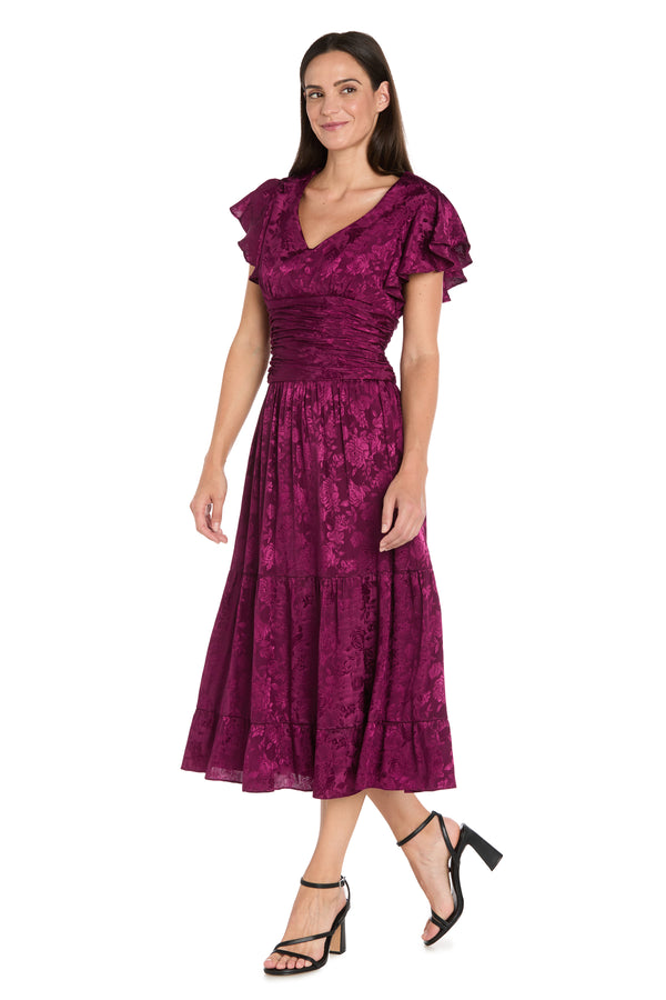 R&m Richards Floral Sangria Jacquard Dress With Flutter Sleeve - Petite