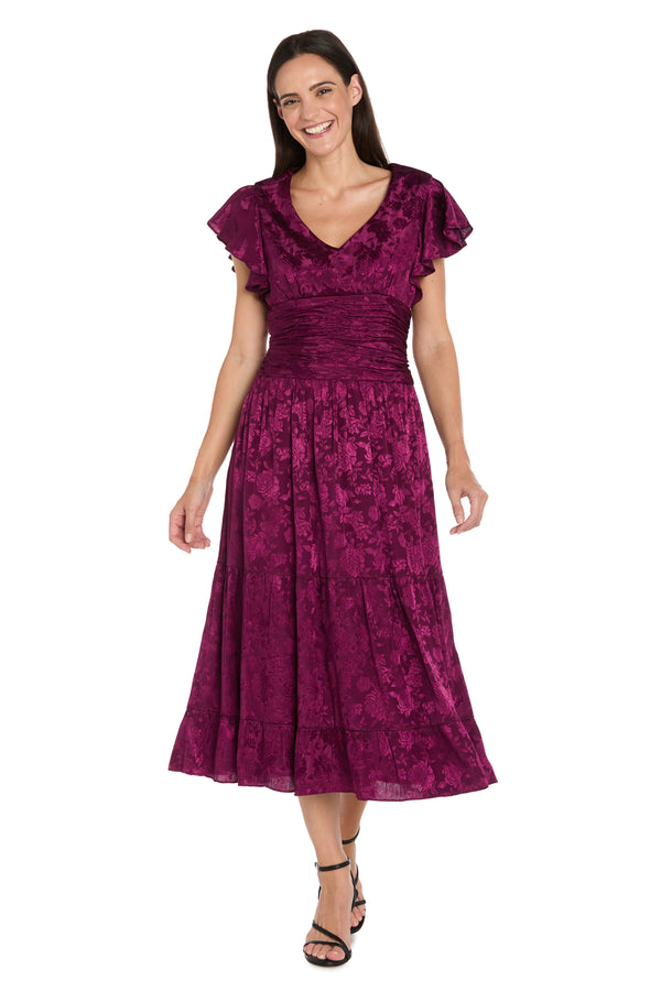 r&m richards Floral Sangria Jacquard Dress with Flutter Sleeve