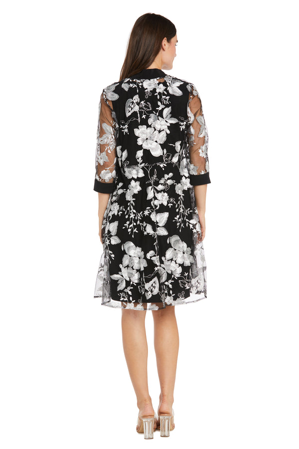 R&m Richards Floral-Threaded Sheer Jacket Dress With Detachable Necklace