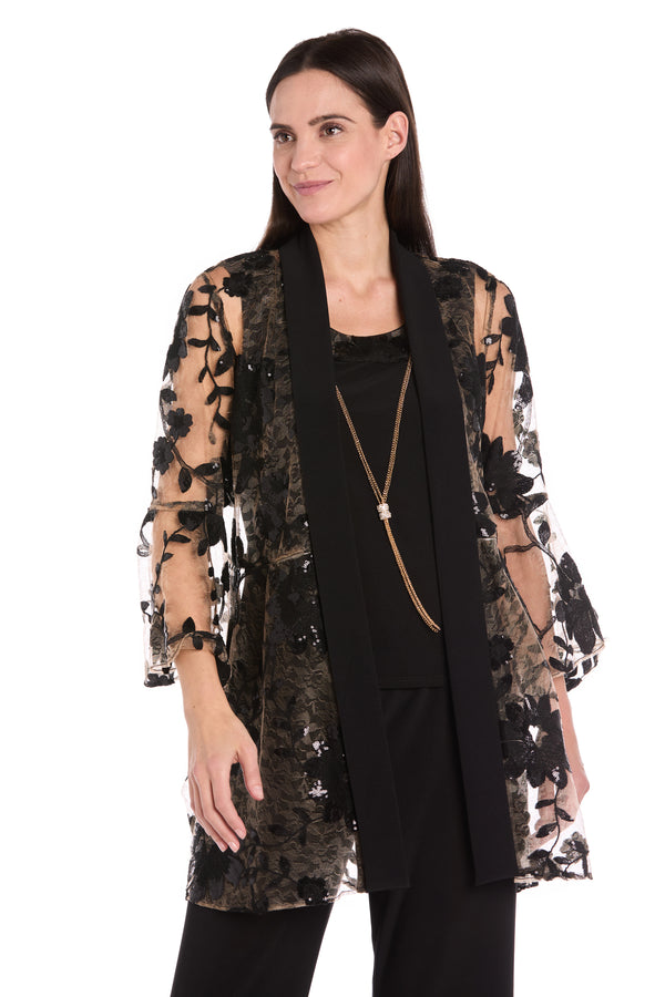 R&m Richards Floral Threadwork Pantsuit With Flair Bell Sleeves & Removable Jacket