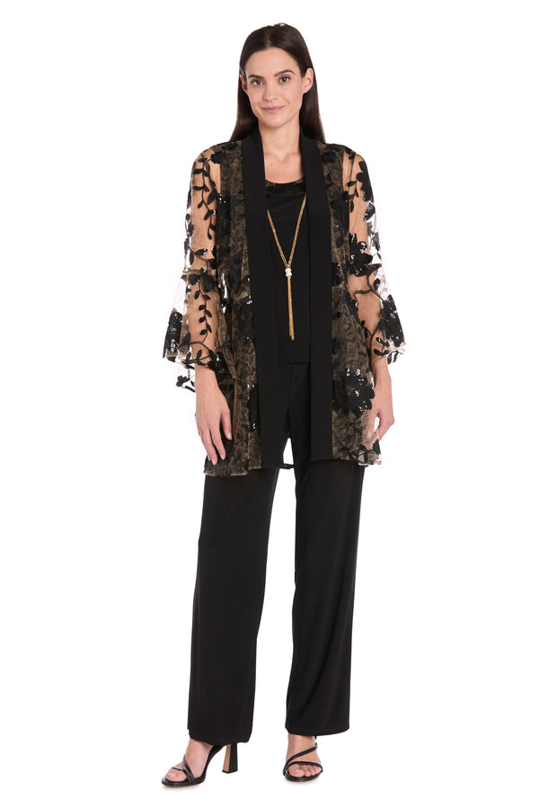 R&m Richards Floral Threadwork Pantsuit With Flair Bell Sleeves & Removable Jacket