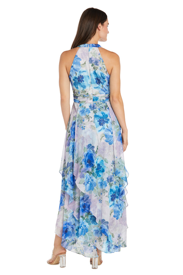 R&m Richards Flowy Chiffon Maxi Dress With Blue And Lavender Floral Print And Ruffled Tiered Skirt