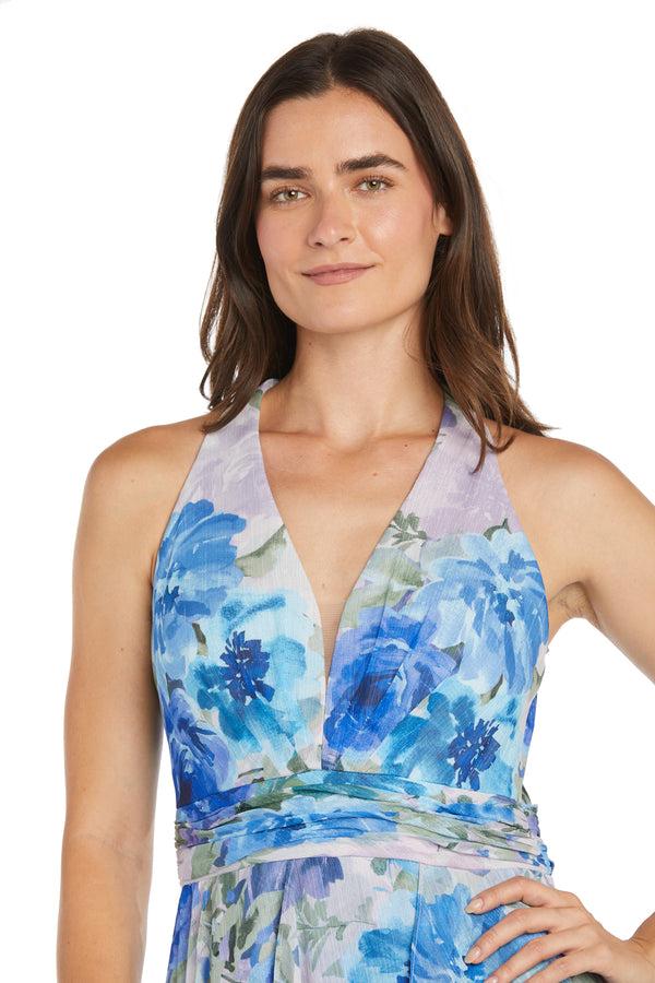 R&m Richards Flowy Chiffon Maxi Dress With Blue And Lavender Floral Print And Ruffled Tiered Skirt