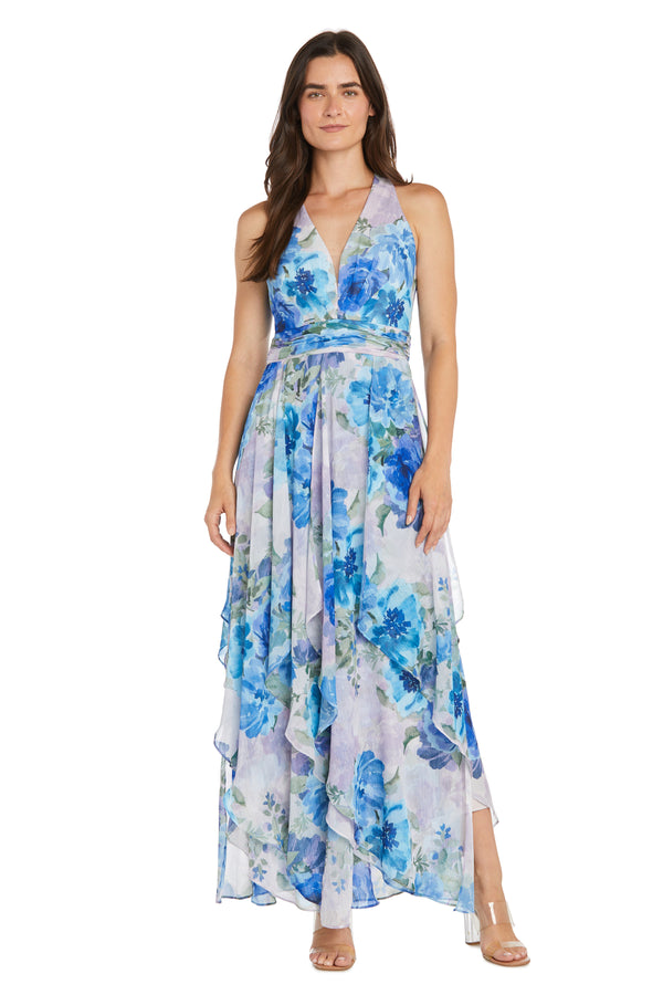 R&m Richards Flowy Chiffon Maxi Dress With Blue And Lavender Floral Print And Ruffled Tiered Skirt