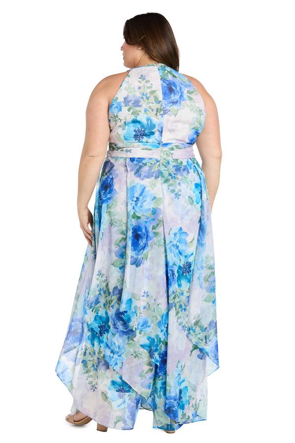 R&m Richards Flowy Chiffon Maxi Dress With Blue And Lavender Floral Print And Ruffled Tiered Skirt - Plus
