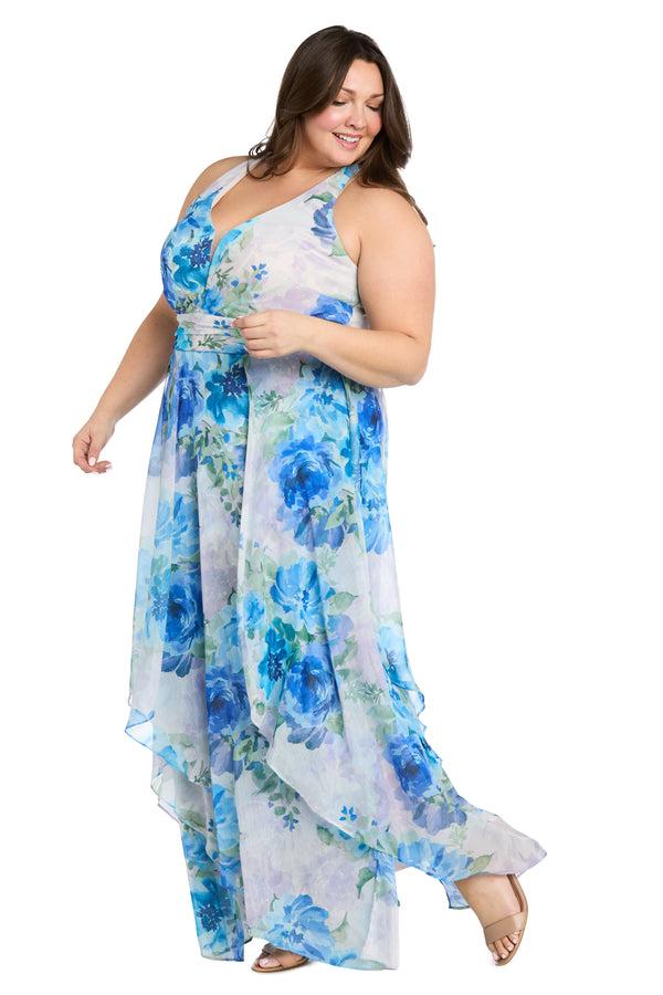 R&m Richards Flowy Chiffon Maxi Dress With Blue And Lavender Floral Print And Ruffled Tiered Skirt - Plus