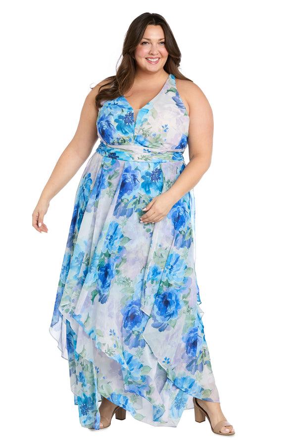 r&m richards Flowy Chiffon Maxi Dress with Blue and Lavender Floral Print and Ruffled Tiered Skirt - Plus
