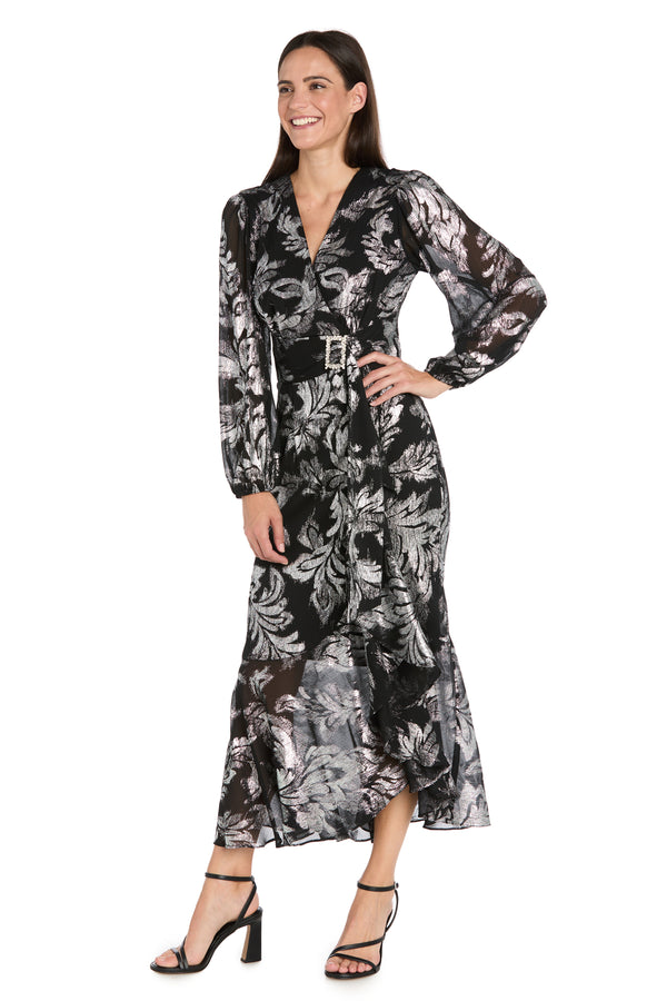 R&m Richards Foil Chiffon Wrap Dress With Rhinestone Buckle