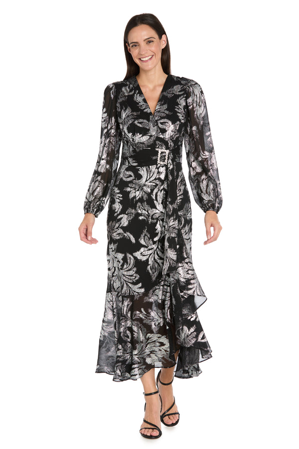 r&m richards Foil Chiffon Wrap Dress with Rhinestone Buckle