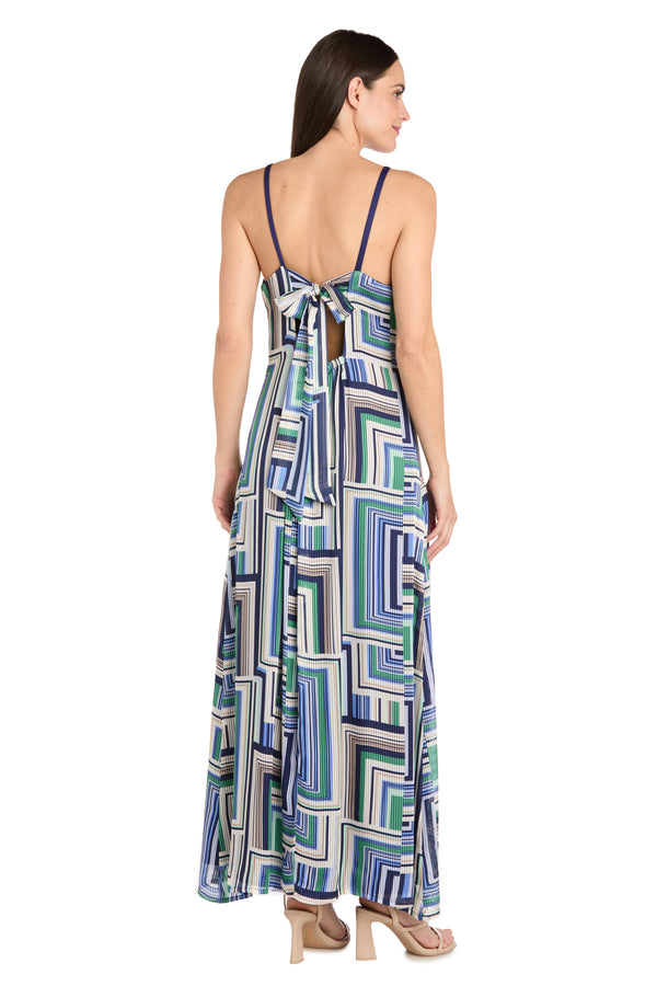 R&m Richards Geometric Pattern Long Casual Dress With Adjustable Tie Back