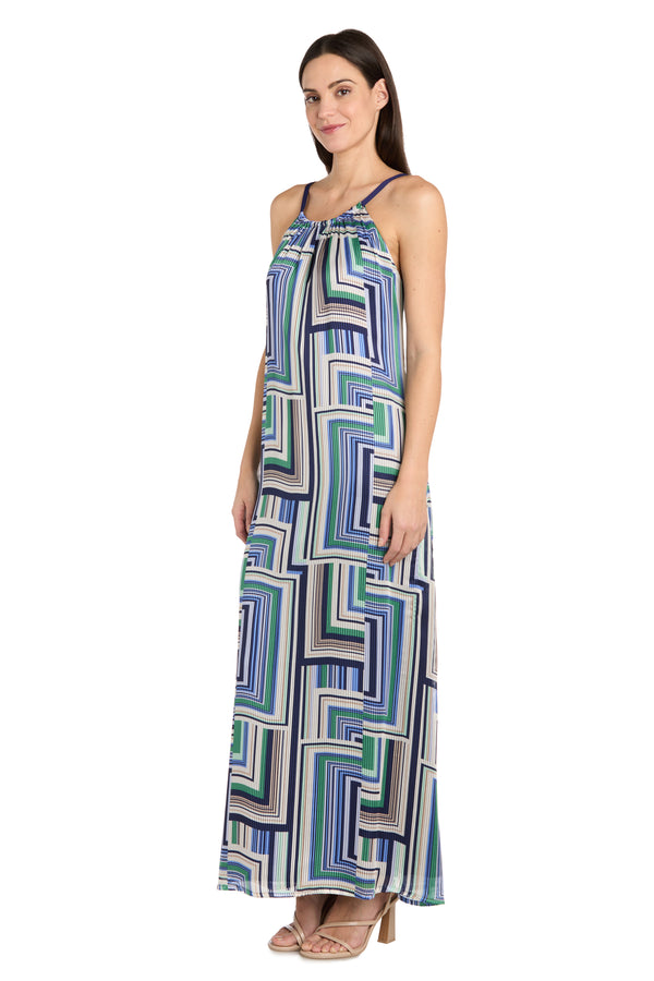R&m Richards Geometric Pattern Long Casual Dress With Adjustable Tie Back