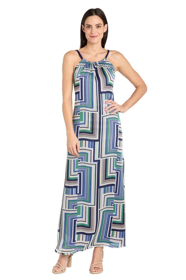 r&m richards Geometric Pattern Long Casual Dress with Adjustable Tie Back