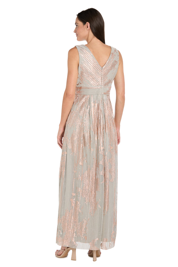 R&m Richards Glam V-Neck Metallic Gown With Rhinestone Waist Detail