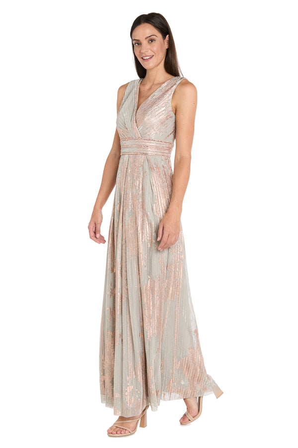 R&m Richards Glam V-Neck Metallic Gown With Rhinestone Waist Detail