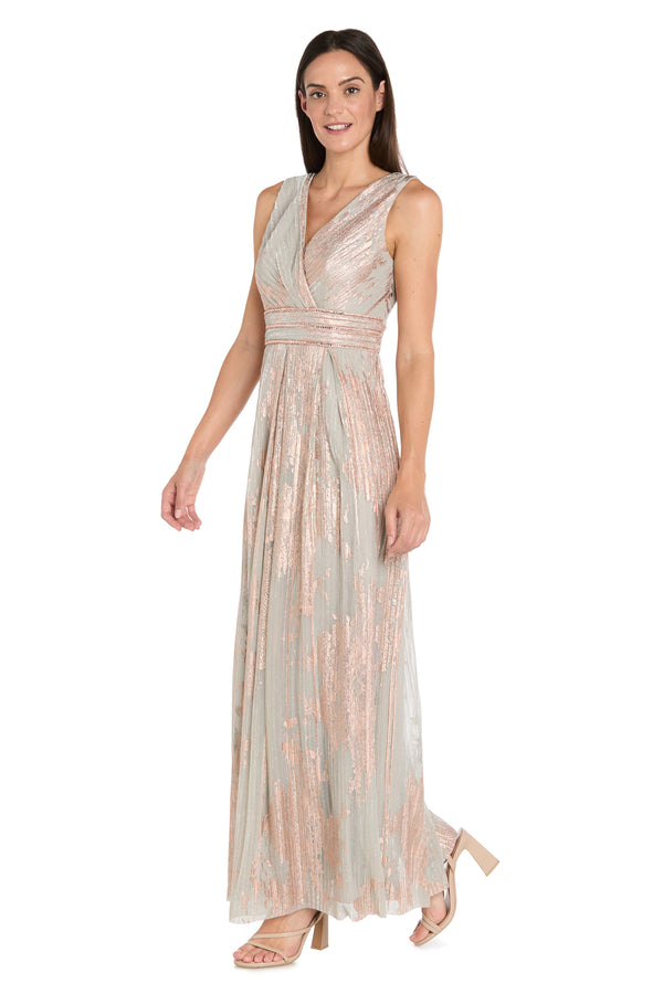 r&m richards Glam V-Neck Metallic Gown with Rhinestone Waist Detail