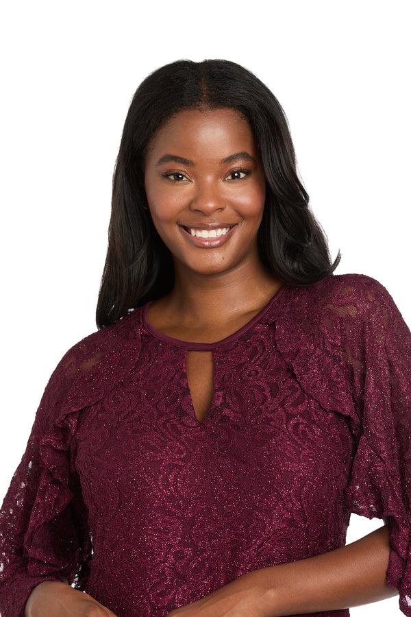 R&m Richards Glitter Lace Cocktail Dress With Ruffle Sleeves