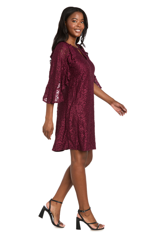 R&m Richards Glitter Lace Cocktail Dress With Ruffle Sleeves