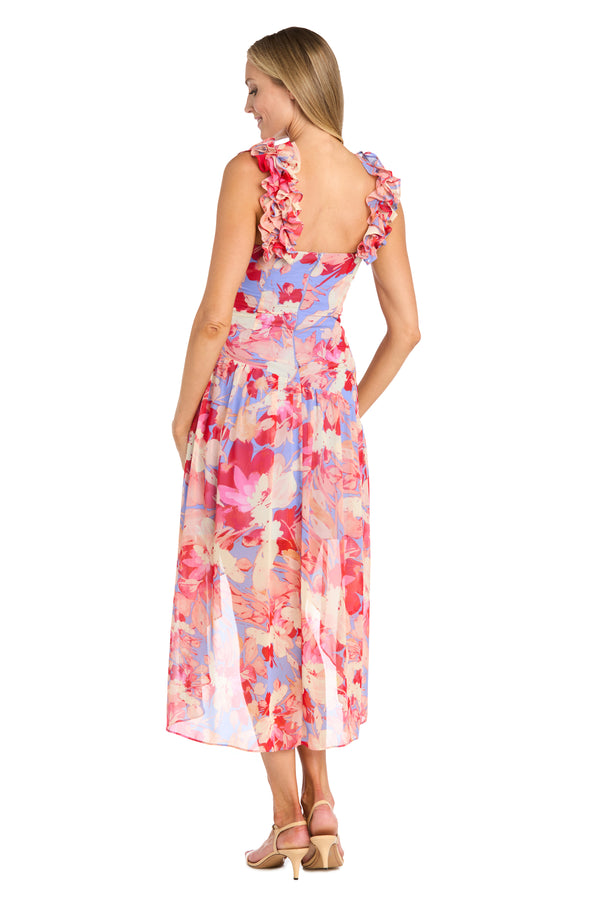 R&m Richards High-Low Midi Dress In Coral Tones With Side Pleats And Ruffle Straps - Petite