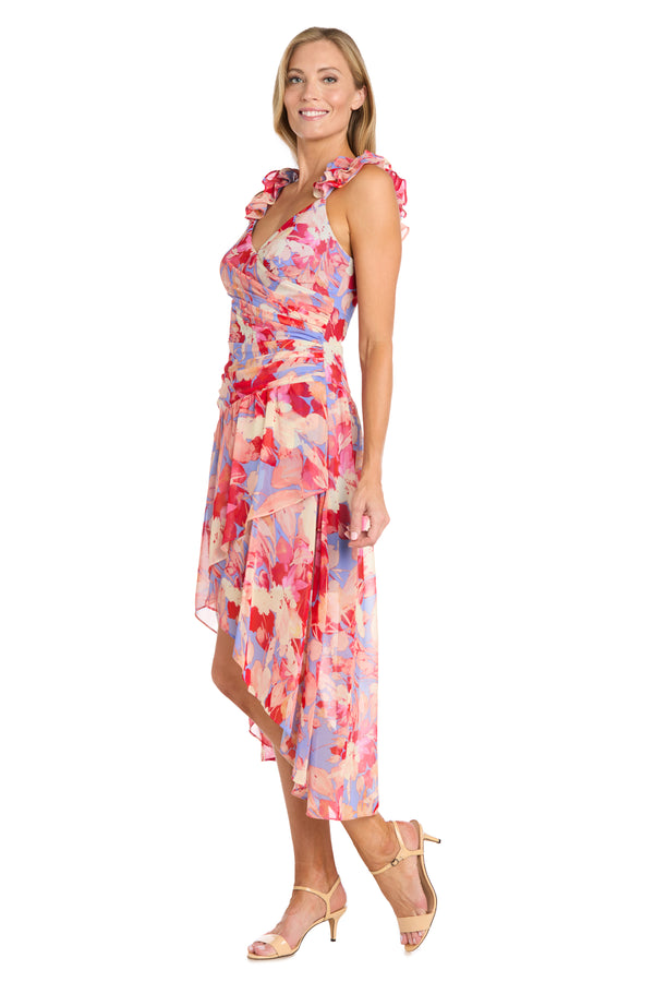 R&m Richards High-Low Midi Dress In Coral Tones With Side Pleats And Ruffle Straps - Petite